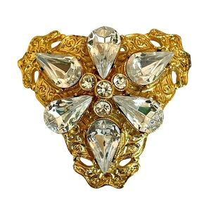 Vintage Signed West Ornate Goldtone And Clear Rhinestone Triangle Shaped Brooch